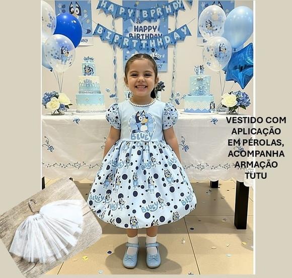 Vestido Bluey com Pérolas Manga Bufante Acompanha Saia Tutu