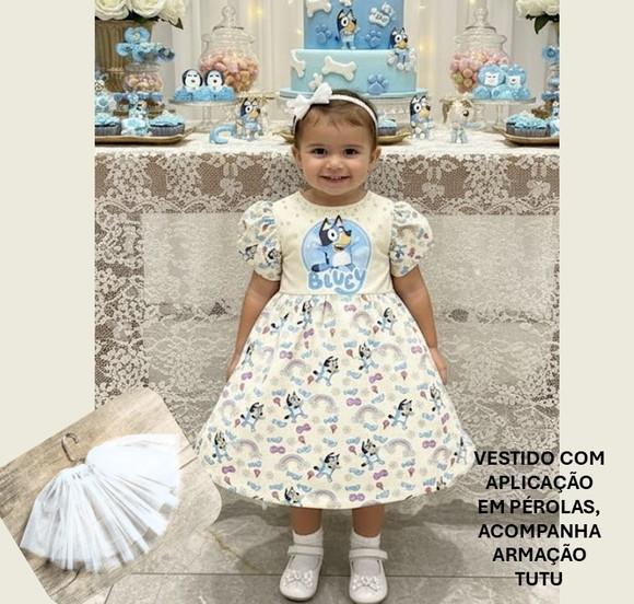 Vestido Bluey com Pérolas Saia Rodada Manga Bufante