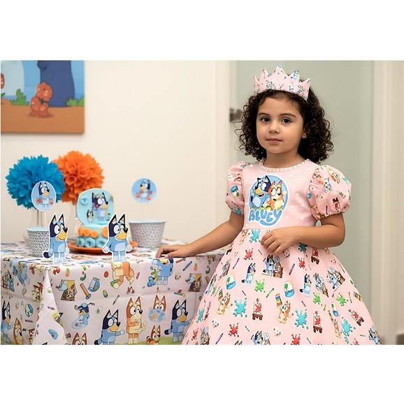Vestido Bluey com Pérolas Saia Rodada Manga Bufante