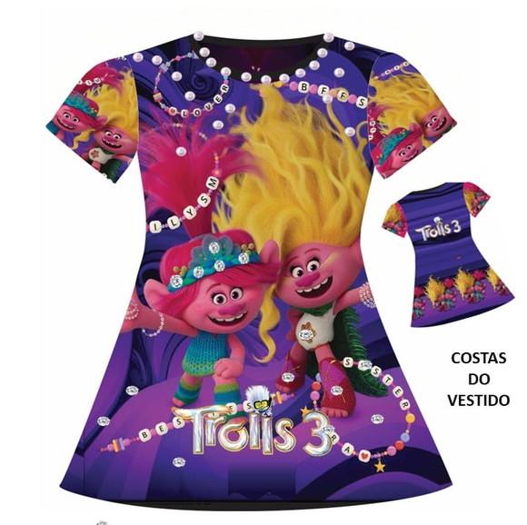 Vestido Trolls 3 com Strass e Pérolas