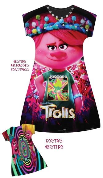 Vestido Trolls 3 com Strass e Pérolas