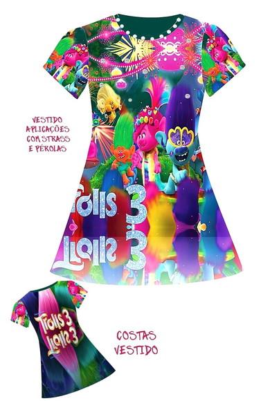Vestido Trolls 3 com Strass e Pérolas