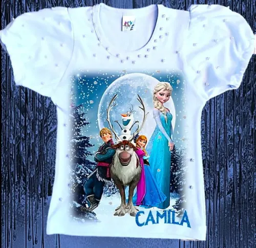 Camiseta Frozen Luxo com Strass e Pérolas