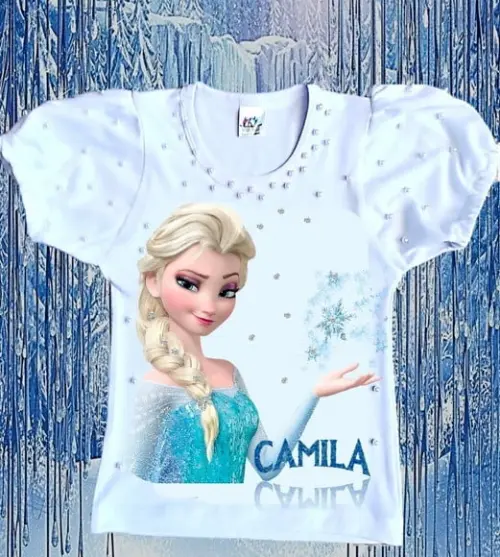 Camiseta Frozen Luxo com Strass e Pérolas