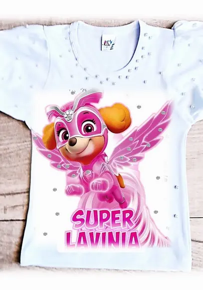 Camiseta Patrulha Canina Skye Luxo com Strass e Pérolas