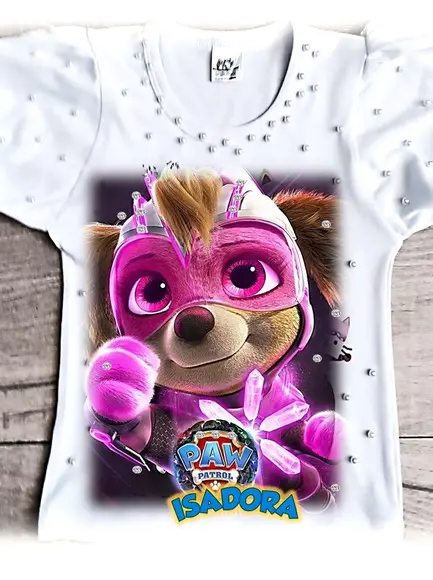 Camiseta Patrulha Canina Skye Luxo com Strass e Pérolas
