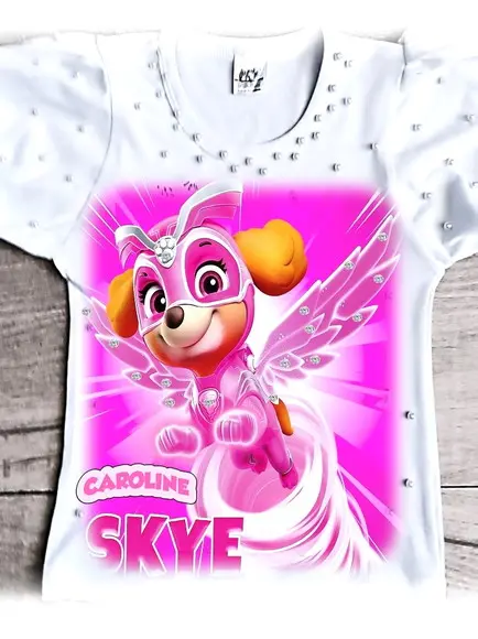 Camiseta Patrulha Canina Skye Luxo com Strass e Pérolas