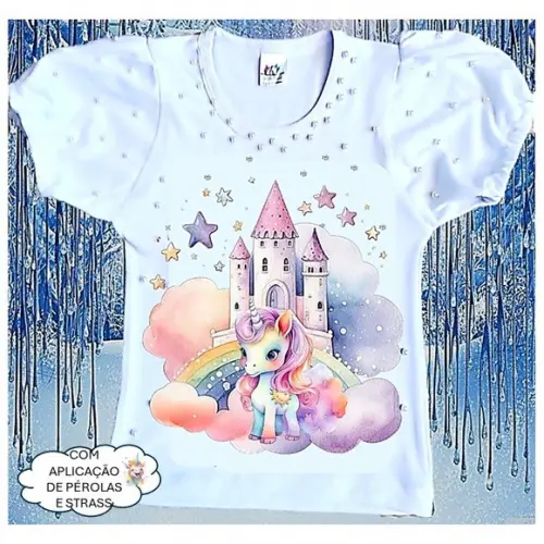 Camiseta Personalizada Unicórnio Luxo com Strass e Pérolas