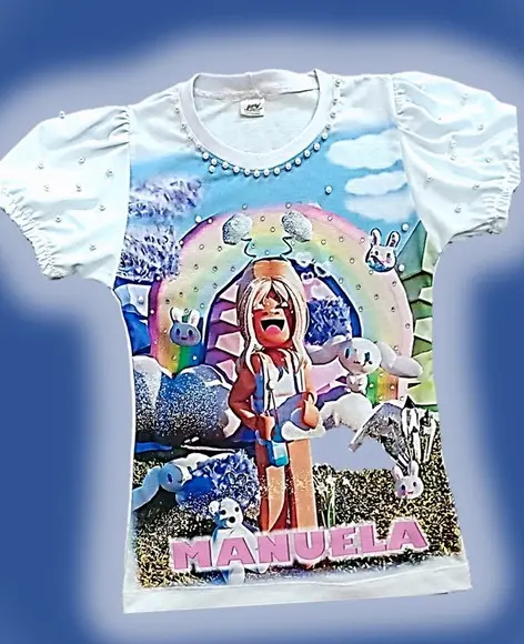 Camiseta Roblox Menina com Strass e Pérolas Luxo