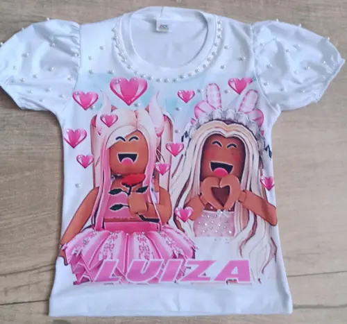 Camiseta Roblox Menina com Strass e Pérolas Luxo