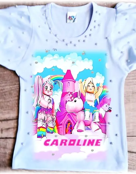 Camiseta Roblox Menina com Strass e Pérolas Luxo