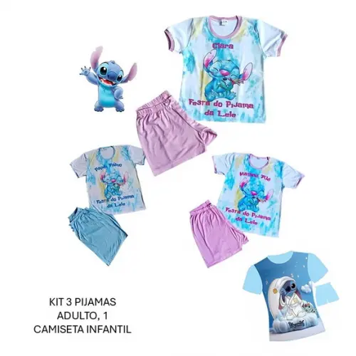Kit Pijama Stitch 3 Adultos e 1 Infantil