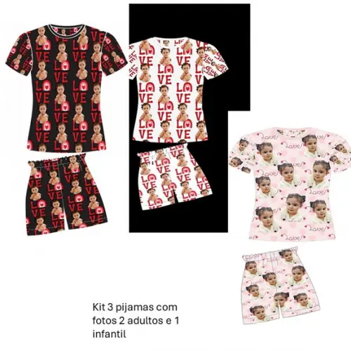 Pijama com Fotos Kit 2 Adultos e 1 Infantil