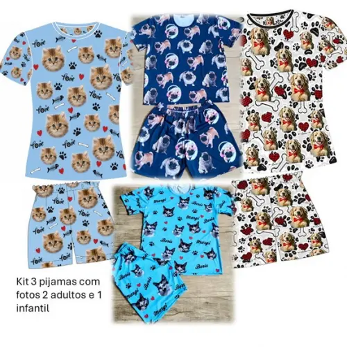 Pijama com Fotos Kit 2 Adultos e 1 Infantil