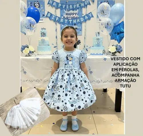 Vestido Bluey com Pérolas Saia Rodada Manga Bufante