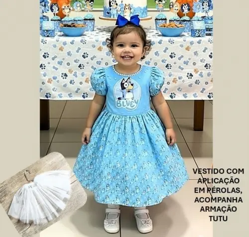 Vestido Bluey com Pérolas Saia Rodada Manga Bufante