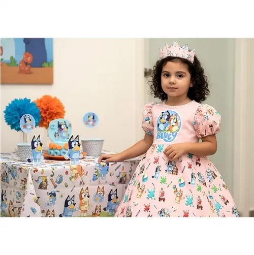 Vestido Bluey com Pérolas Saia Rodada Manga Bufante