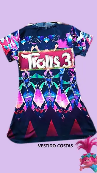 Vestido Trolls 3 com Strass e Gliter