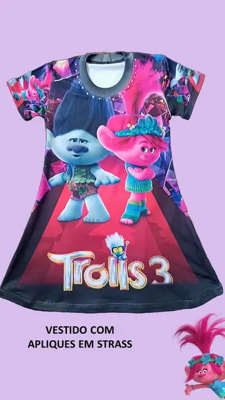 Vestido Trolls 3 com Strass e Gliter