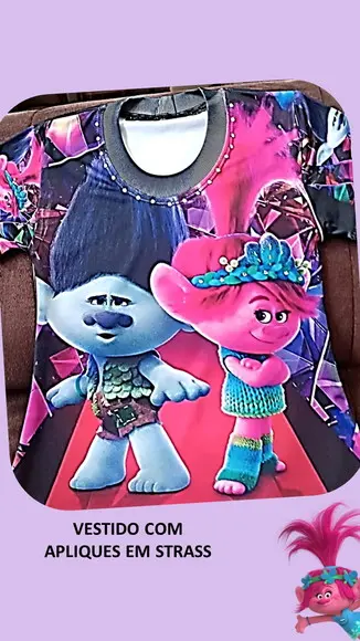 Vestido Trolls 3 com Strass e Gliter