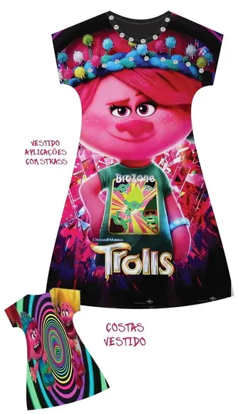 Vestido Trolls 3 com Strass e Gliter