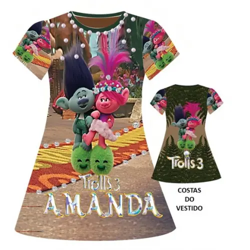 Vestido Trolls 3 com Strass e Pérolas