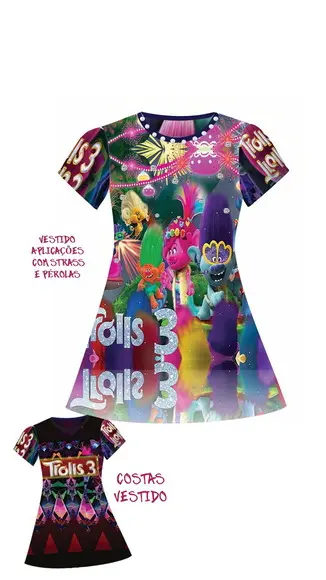 Vestido Trolls 3 com Strass e Pérolas