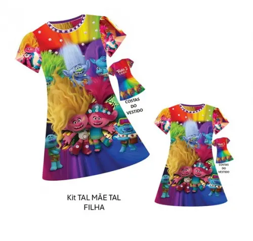 Vestido Trolls 3 com Strass e Pérolas Kit Mãe e Filha