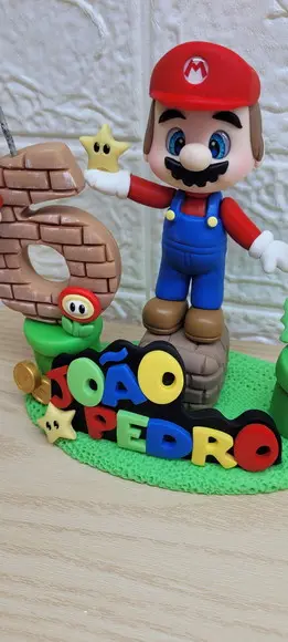 Topo de Bolo Super Mario Bross com Vela e Nome