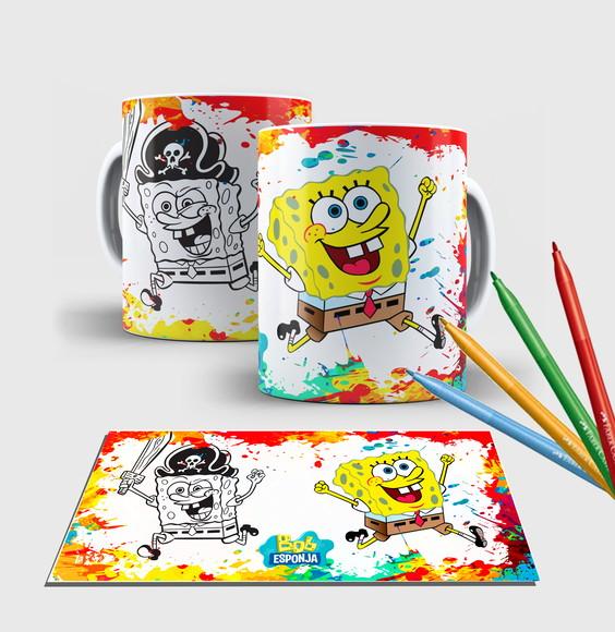 Caneca branca com canetinha lavável -Bob Sponja
