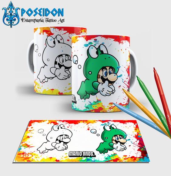 Caneca branca com canetinha lavável -Mario World