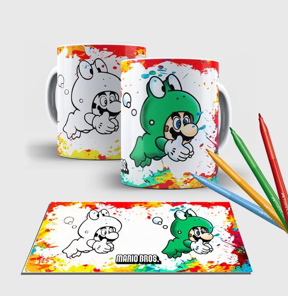 Caneca branca com canetinha lavável -Mario World