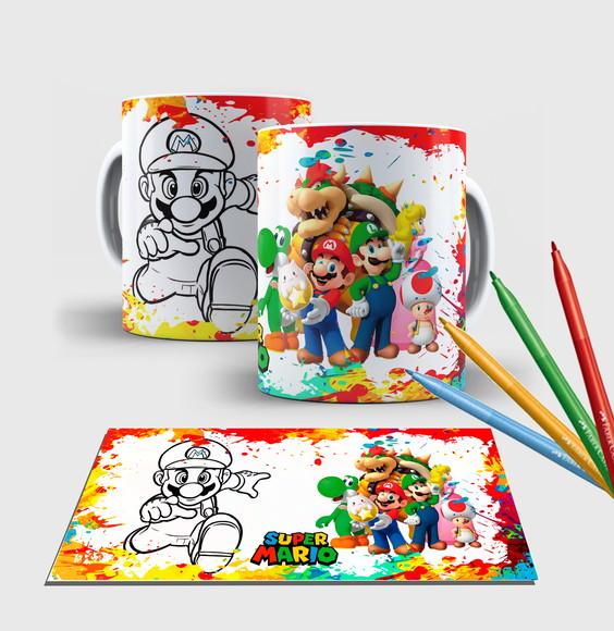 Caneca branca com canetinha lavável -Super Mario