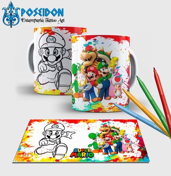 Caneca branca com canetinha lavável -Super Mario