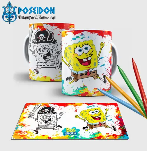 Caneca branca com canetinha lavável -Bob Sponja
