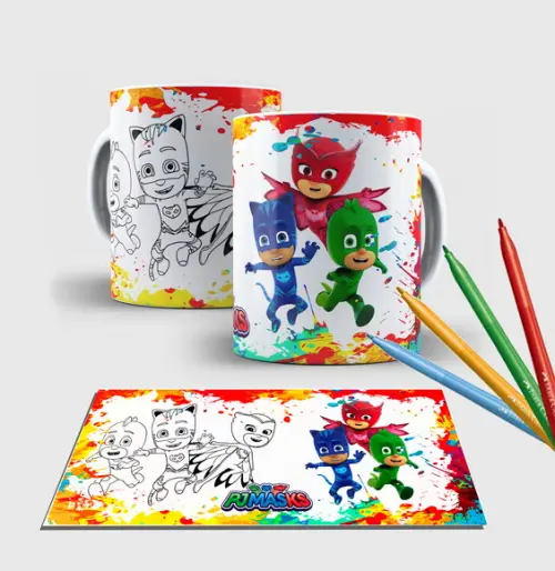 Caneca branca com canetinha lavável -Heróis