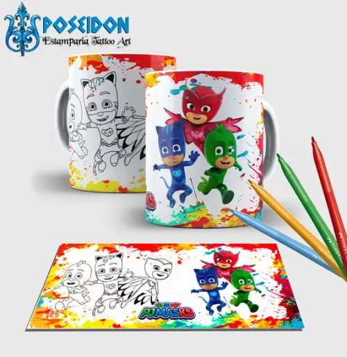 Caneca branca com canetinha lavável -Heróis