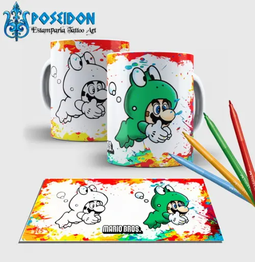 Caneca branca com canetinha lavável -Mario World