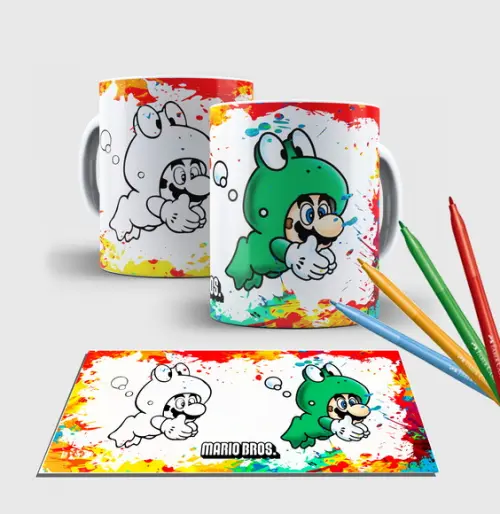 Caneca branca com canetinha lavável -Mario World