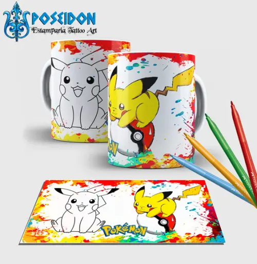Caneca branca com canetinha lavável -Pikachu