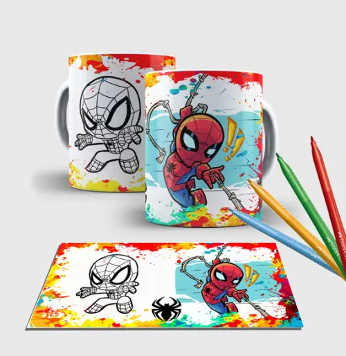 Caneca branca com canetinha lavável -Spiderman