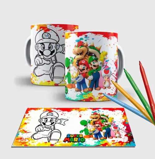 Caneca branca com canetinha lavável -Super Mario