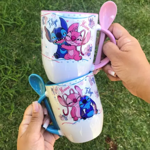 Caneca com colher - Angel e Stitch