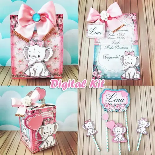 Arquivos de Corte Silhouette Kit Elefantinho Rosa Luxo