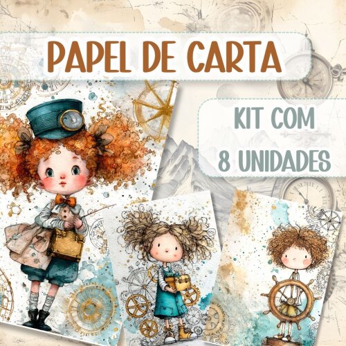 Papel de Carta Bonequinhas Fofo Infantil Delicado 14x20cm Kit 8 Unidades Scrapbook
