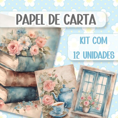 Papel de Carta Floral Azul Fofo Vintage Delicado 14x20cm Kit 12 Unidades Scrapbook