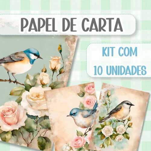 Papel de Carta Floral Passaros Vintage Delicado 14x20cm Kit 10 Unidades Scrapbook