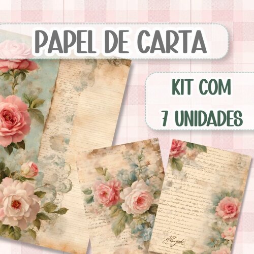 Papel de Carta Floral RosasVintage Delicado 14x20cm Kit 7 Unidades Scrapbook