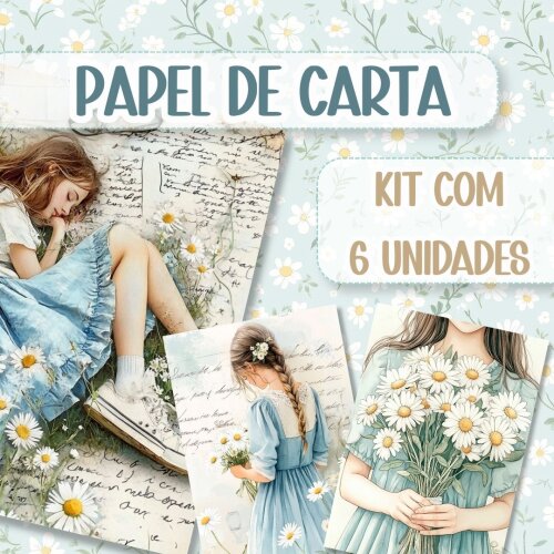 Papel de Carta Meninas Margaridas Fofo Vintage Delicado 14x20cm Kit 6 Unidades Scrapbook