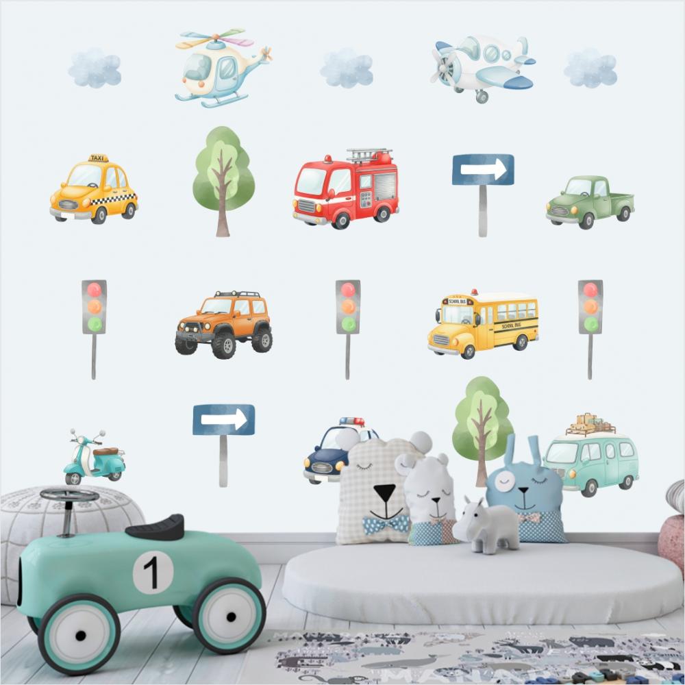 Adesivo de Parede - Carrinhos Transportes Aquarela